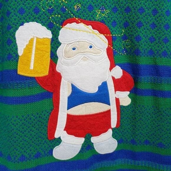 Carbon ugly Christmas sweater with drunk Santa Claus holding a beer men's small - Picture 8 of 11